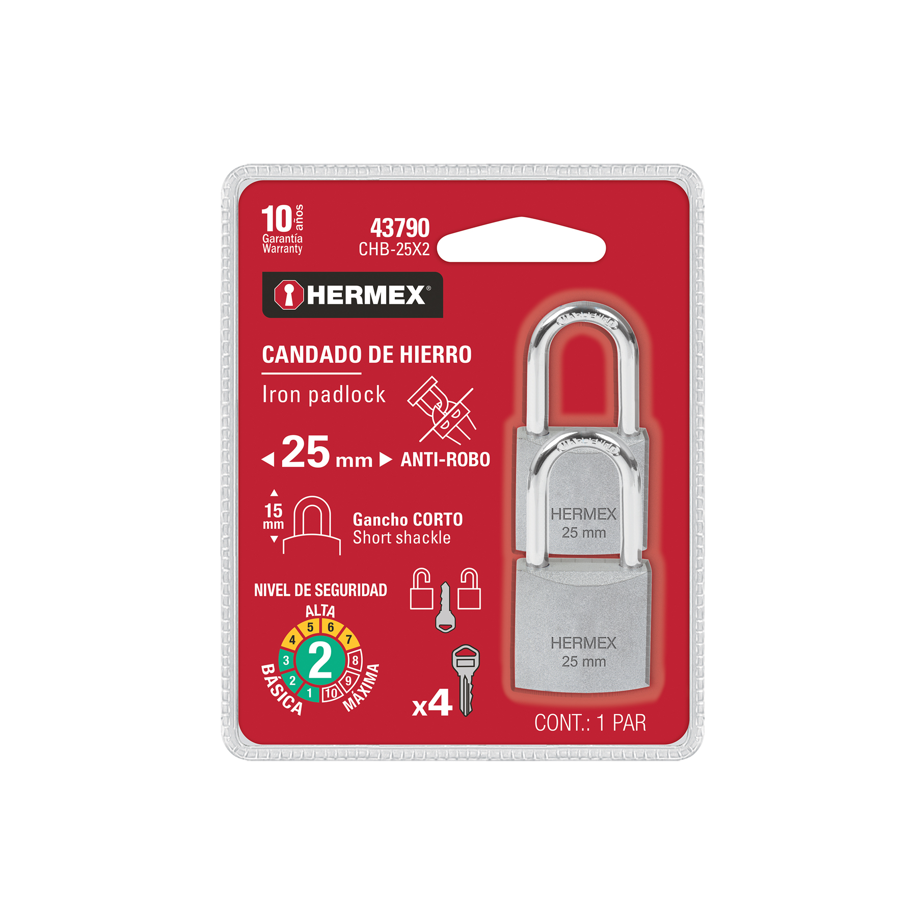 Blíster con 2 candados de hierro de 25mm con gancho cortos